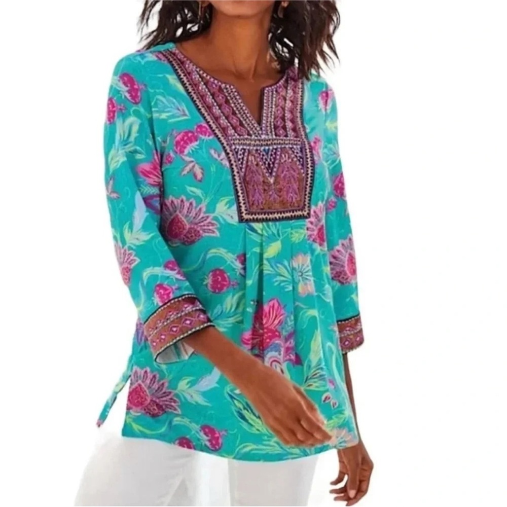 Soft Surroundings Maddalena Tunic Top Womens Size Medium Beaded Sequin Tropical